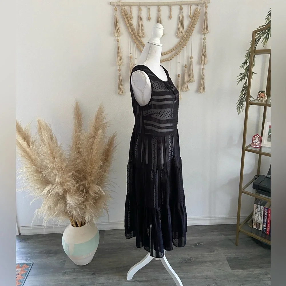 J Crew black sheer midi dress sleeveless Swiss dot ruffle tier party medium